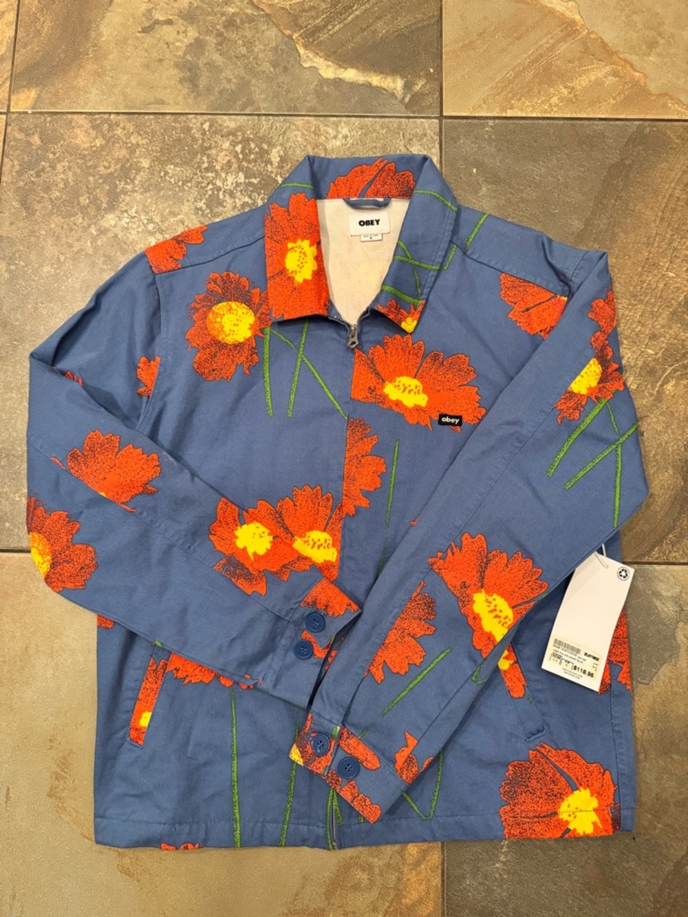 Obey Men’s Blue Button-Front Shirt Jacket with Orange & Yellow Floral Print